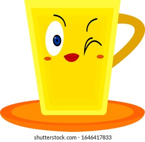 yellow-orange cup bright cartoon character with red lips winks on a white background concept of accessories and drinks logo for design