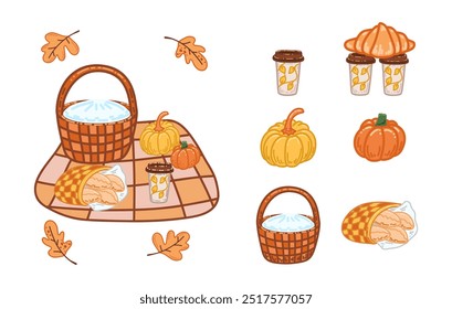 Yellow,orange fall pumpkins,delicious pumpkins,koffee,picnic.Illustration for print,cards,greeting,holiday.