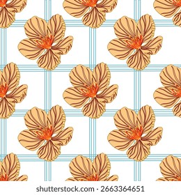Um padrão floral amarelo-laranja com listras verticais roxas.