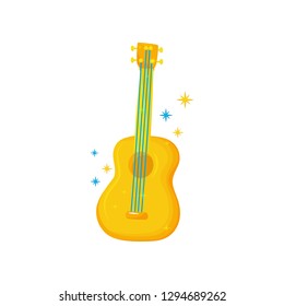 Yellow-orange guitar with blue strings. Musical instrument. Flat vector element for poster of Brazilian carnival