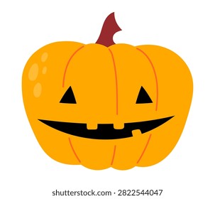 Yellow-orange jack-o-lantern with pointed triangle eyes and asymmetric toothy grin on white background. Flat vector illustration