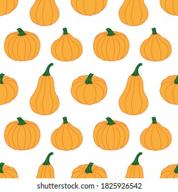 Calabazas amarillo-naranja sobre un fondo blanco. Patrón vectorial sin cable. Ilustraciones de otoño para decoraciones de vacaciones, tarjetas, carteles, papel de envoltura de regalo, impresiones modernas, tejidos vibrantes y textiles.