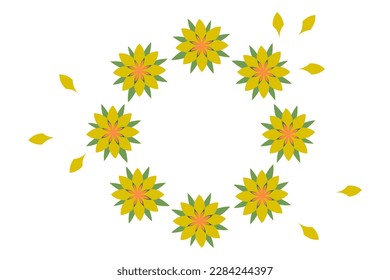 Yellow-orange-green flowers frame for cards, invitations. Bright yellow-orange-green flowers set for wedding, social media template.