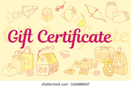 yellow-pink gift certificate in pale colors on the theme of love and gifts