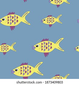 Yellow-purple fish on a blue background, seamless texture
