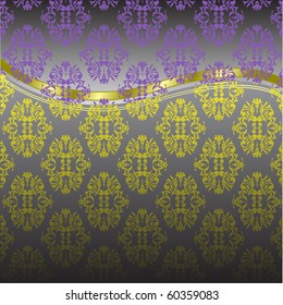 yellow-purple ornament and gold ribbon with a gray gradient background
