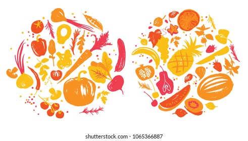 Yellow-red colored various of vegetables and fruit in a circle. Autumn crop. Farm market products. Homemade label 