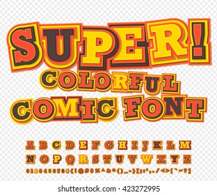 Yellow-red colorful high detail comic font. Alphabet in style of comics, pop art. Multilayer funny letters and figures for decoration of kids' illustrations, websites, posters, comics, banners