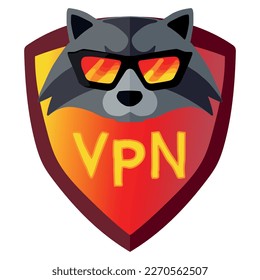 Yellow-red flat VPN icon with a raccoon head in sunglasses on a shield on white bakground. Proxy server. Vector illustration. Virtual Private Network icon. Internet Security VPN Concept Icon