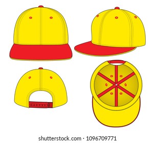  Yellow-Red Hip Hop Cap With Adjustable Snap Back Closure Strap Design on White Background, Vector File.