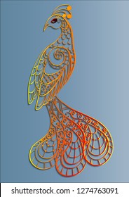 Yellow-red openwork silhouette of a magic peacock bird