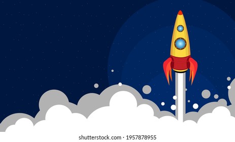 A yellow-red rocket takes off into the night sky. Clouds of white smoke 