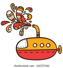 yellow-red  submarine. Vector illustration of cute  submarine with doodle drops