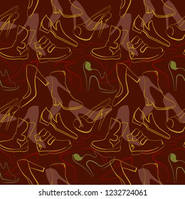 Yellow-red-brown background with contour pattern of various shoes, shoes, boots, shoes, vector seamless pattern