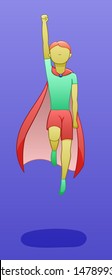 A yellow-skinned boy in a red cape levitates in the air in a superhero pose. There is shadow below him on the ground. Purple background, vector.