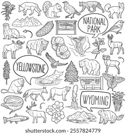 Yellowstone Doodle Icons Black and White Line Art. National Park Clipart Hand Drawn Symbol Design.