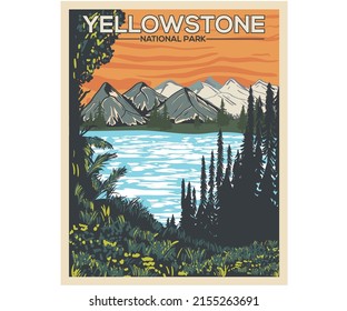 Yellowstone mountain adventure vector print design. Wild lake artwork for posters, stickers, background and others. Outdoor vibes illustration.