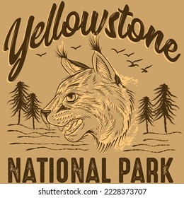 Yellowstone National Park Bobcat, with pines and eagles, Camp style, Vacation.
