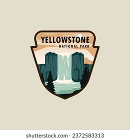 yellowstone national park emblem vector illustration template graphic design. waterfall in nature beautiful landscaped banner and sign badge label travel and tourism business concept