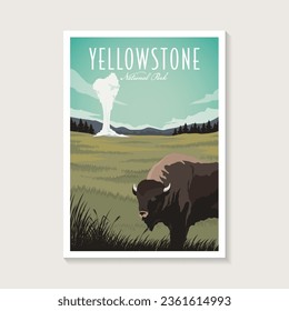 Yellowstone National Park modern poster vector illustration design, geyser and bison poster design