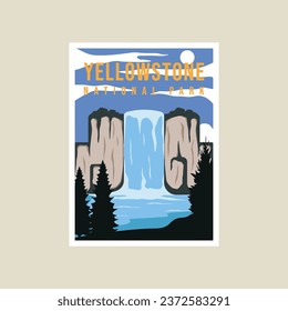 yellowstone national park poster vector illustration template graphic design. waterfall in nature beautiful landscaped banner and sign travel and tourism business concept