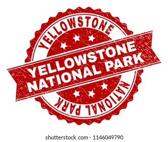 YELLOWSTONE NATIONAL PARK seal stamp with corroded texture. Rubber seal imitation has round medallion shape and contains ribbon.