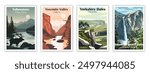 Yellowstone, Yorkshire Dales, Yosemite Valley, California, Yosemite Vernal Falls, National Park, Vintage Travel Posters Set, Abstract Travel, Vector illustration