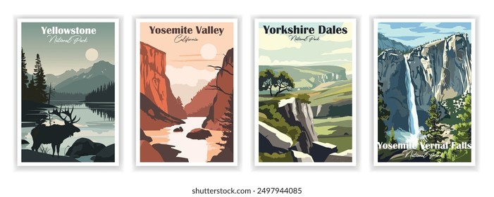 Yellowstone, Yorkshire Dales, Yosemite Valley, California, Yosemite Vernal Falls, National Park, Vintage Travel Posters Set, Abstract Travel, Vector illustration