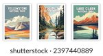 Yellowstone, Yosemite, Lake Clark National Park Illustration Art. Travel Poster Wall Art. Minimalist Vector art.