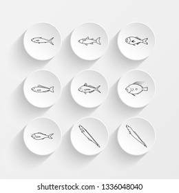 yellowtail kingfish , grey mullet-hohopu , orange roughy , butterfish koeaea  and travally-araara  icons on plate illustration set