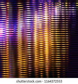 Yellow-violet striped glitter background with glitch effect. Colorful bright mosaic horizontal strips on black. Stretched color effect. Vector illustration.
