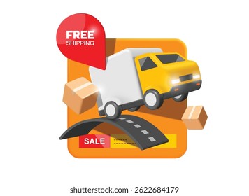 Yellow-white container truck is driving at high speed in air on road with parcel box or cardboard box for advertising free shipping delivery services, vector 3d isolated for online shopping design
