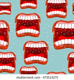 Yells lips seamless pattern. call background. aggressive emotion texture. Open your mouth and tongue. Flying saliva. Shout. Shrill scream. Swearing and bad language
