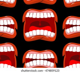 Yells lips seamless pattern. cry background. aggressive emotion texture. Open your mouth and tongue. Flying saliva. Shout. Shrill scream. Swearing and bad language
