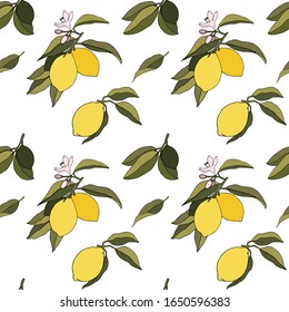 Yeloow lemons with leaves and flowers seamless pattern on white background. Vector summer fresh tropical citrus fruits eps backdrop.