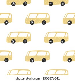 Yelow bus seamless pattern. Doodle cars vector illustration. Design for fabric, textile print, wrapping paper, children textile. 