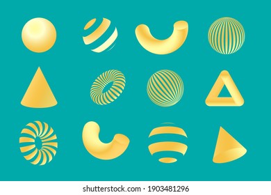 Yelow geometry 3D shapes set. Vector design elements for social media and visual content, web and UI design, posters and art collage, branding.