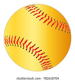 A yelow isolated softball with red stitching