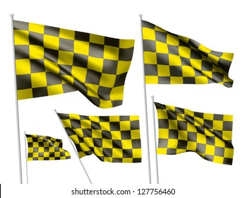 Yelow racing checkered vector flags. A set of 5 wavy 3D flags created using gradient meshes