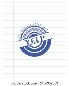 Yelp draw with pen effect. Blue ink. Vector Illustration. Detailed.
