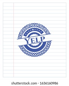 Yelp drawn with pen. Blue ink. Vector Illustration. Detailed.