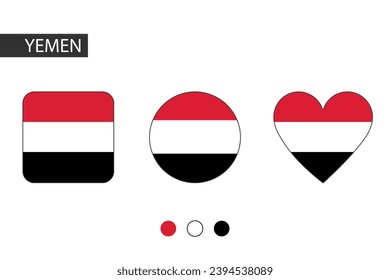 Yemen 3 shapes (square, circle, heart) with city flag. Isolated on white background.