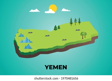 Yemen 3d isometric map with topographic details mountains, trees and soil vector illustration design