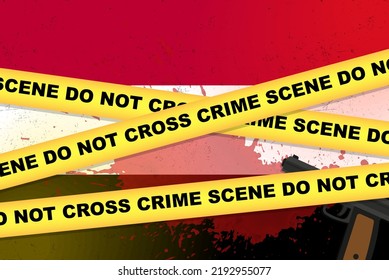Yemen armed attack vector banner, shooting news concept, armed assault with gun and blood stain on Yemen flag, yellow police tape, crime scene composition, top view, flat design