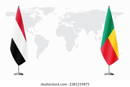 Jemen und Benin Flaggen für offizielle Treffen auf dem Hintergrund der Weltkarte.