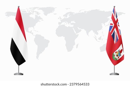 Yemen and Bermuda flags for official meeting against background of world map.