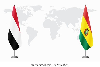 Yemen and Bolivia flags for official meeting against background of world map.