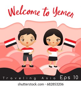 Yemen : Boy and girl with national flag : Vector Illustration