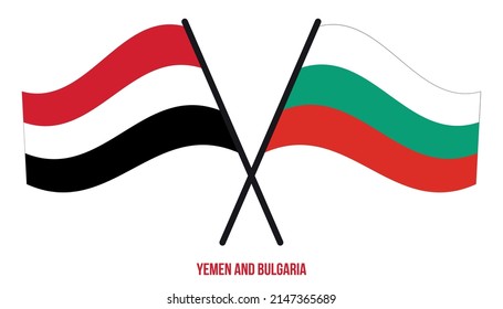 Yemen and Bulgaria Flags Crossed And Waving Flat Style. Official Proportion. Correct Colors.