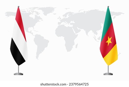 Yemen and Cameroon flags for official meeting against background of world map.